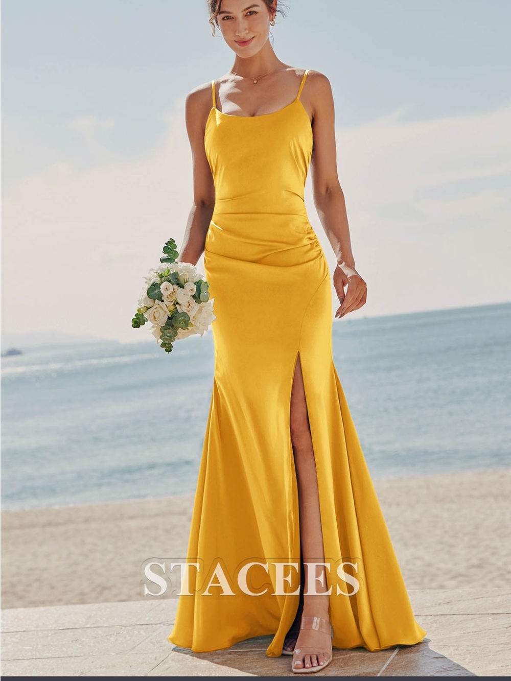Stacees Yellow Spaghetti-Strap Maxi Dress with Front Slit